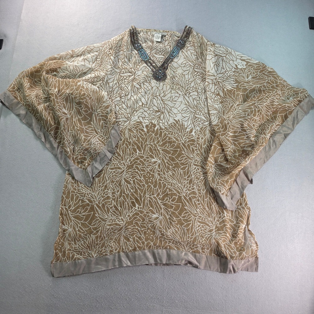Alberto Makali Floral Beaded V-Neck Tunic Top Boho Sheer Bell Sleeve Large